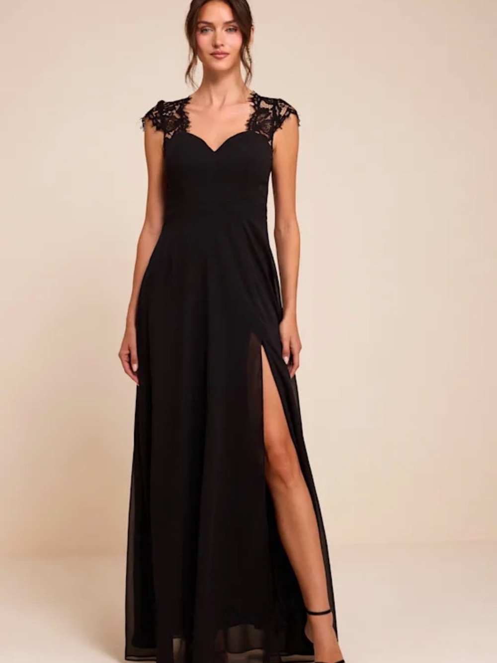Lulu's Black Lace-Cap Sleeve Maxi Dress with High Side Slit